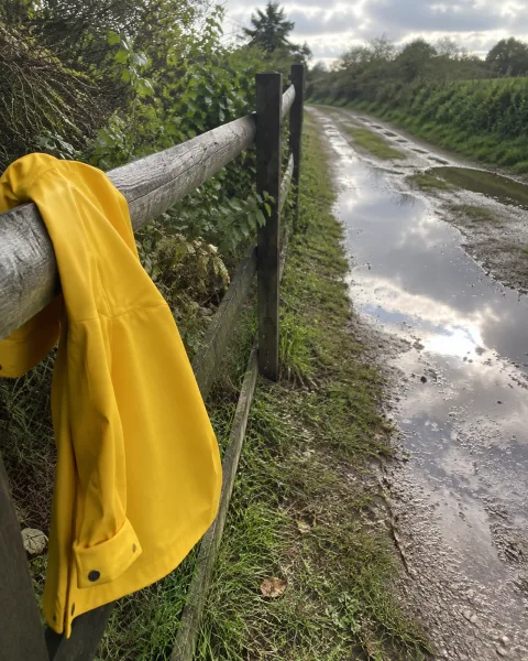 Foto de un chubasquero amarillo tras la lluvia en la demostración